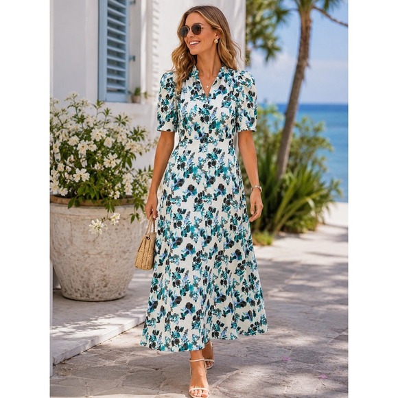 Tuckernuck Dresses & Skirts - NWT Tuckernuck Blue Blooms Linen Midi/Maxi Dress Size XL Floral Wedding Guest